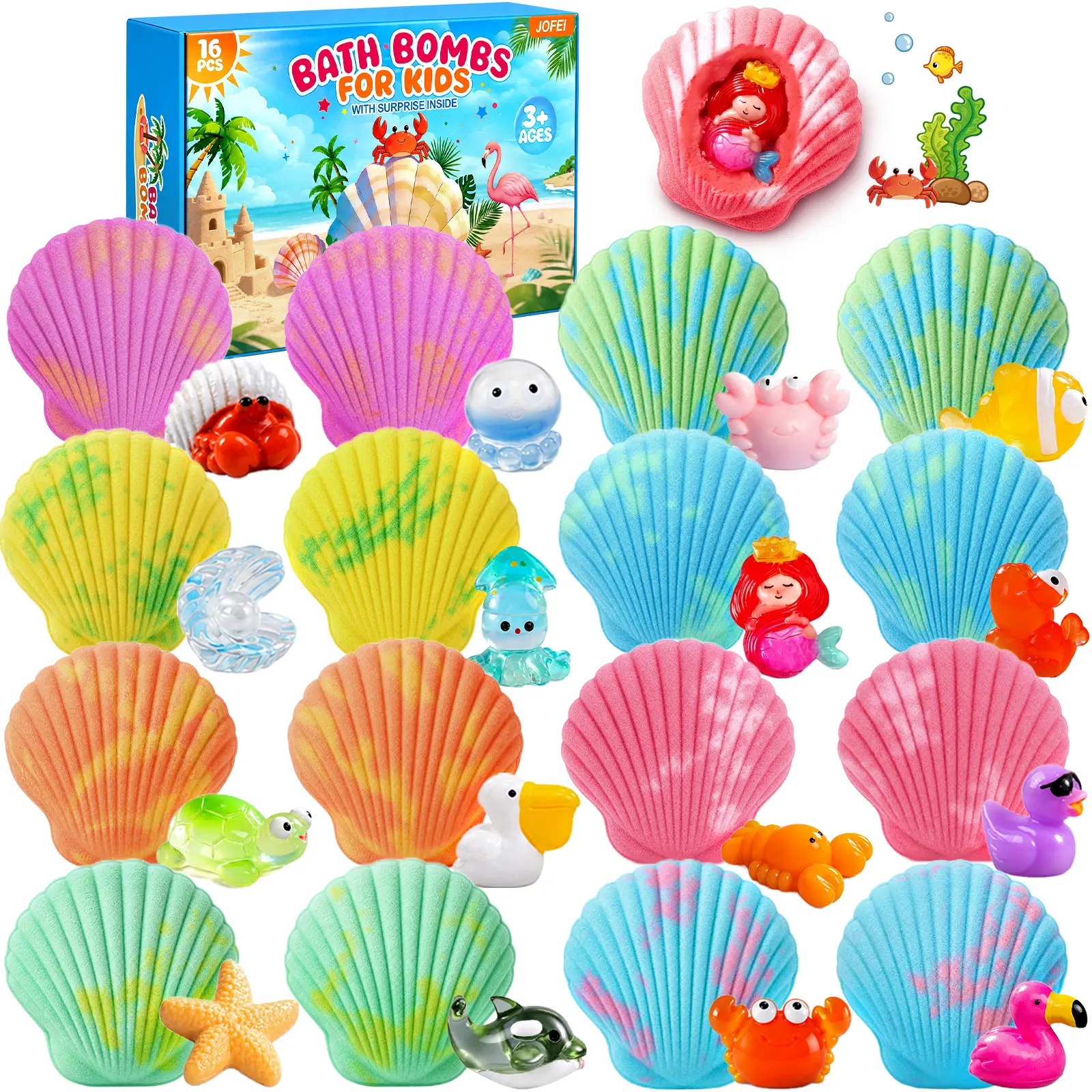 Bath Bombs for Kids with Surprise Inside, 16 Pack Shell Kid Bath Bombs Gift Set for Boys Girls, Bubble Bath Bomb with Toys Inside