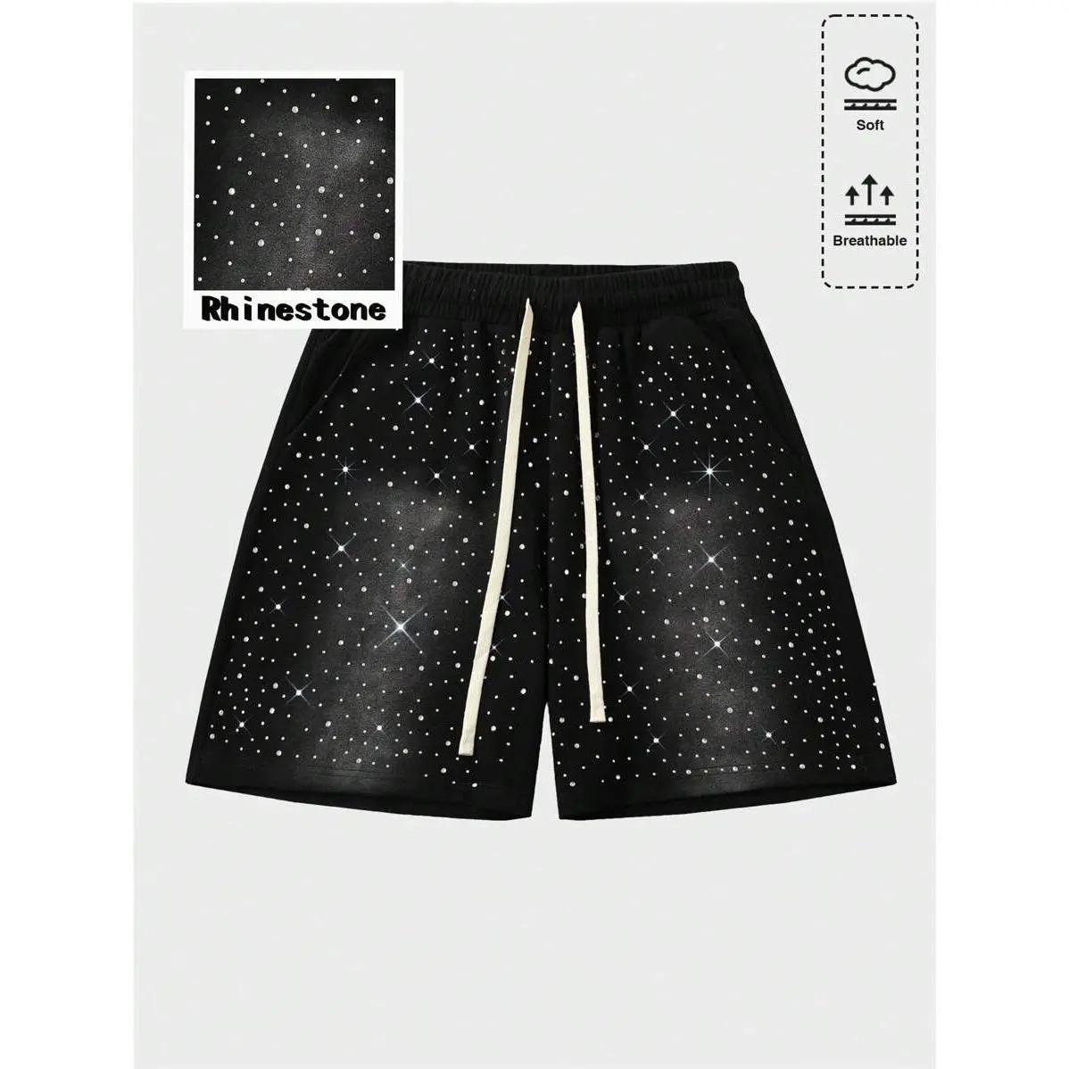 Men's Knit Cotton Blend Graphic Bottom Shorts - Daily Casual, Elastic Loose Fit, Drawstring Waist, Sparkle Text Print, Letter Detail, Stretch Fabric, Zipper Accent, Menswear Fashion for Spring/Summer Street Wear, Daily Casual Shorts, Elastic Loose Shorts