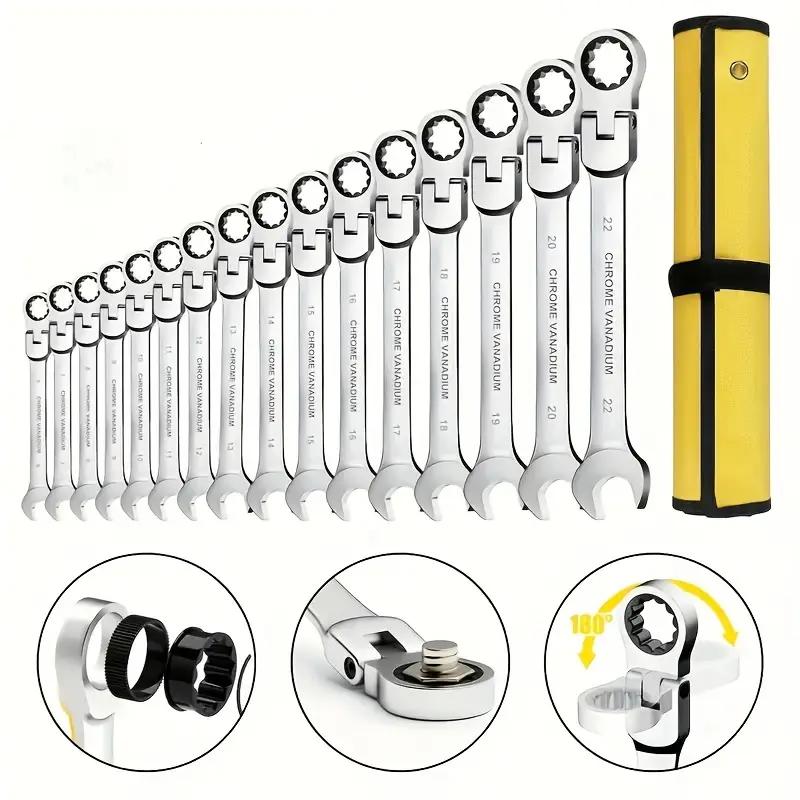 16Pcs Flex Head Ratcheting Wrench Set -Adjustable, Chrome Vanadium Steel, Manual Operation, No Assembly Required, CombinationEnded Spanner Kits with High-Torque Performance and Durable Construction for Versatile Tasksautomotive mechanic