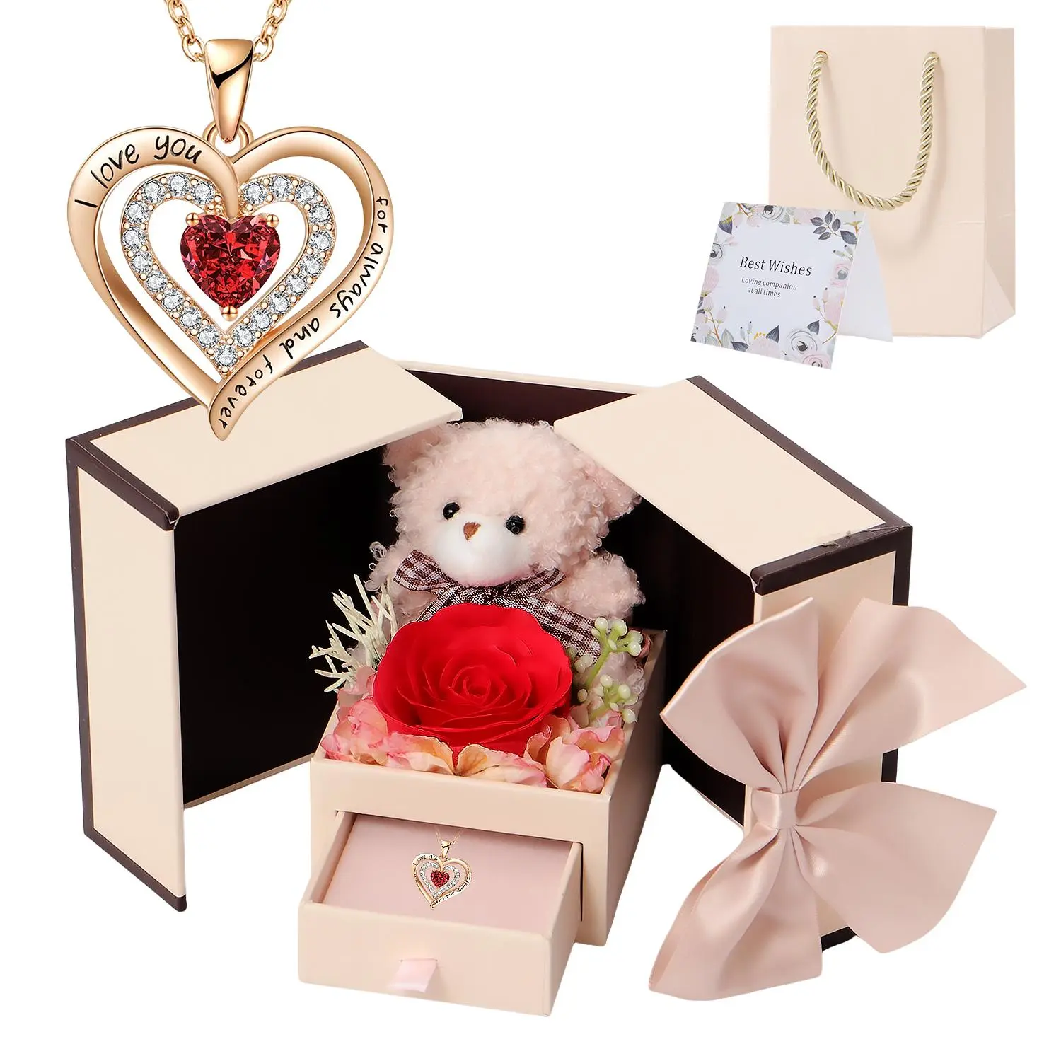 Creative Artificial Rose Bear Gift Box with Heart-shaped Pendant Necklace, Romantic Bracelet Gift Set with Gift Bag & Greeting Card for Birthdays, Style Gift for Women, Valentine's Day Gift, Jewelry, Beautiful Gift Box