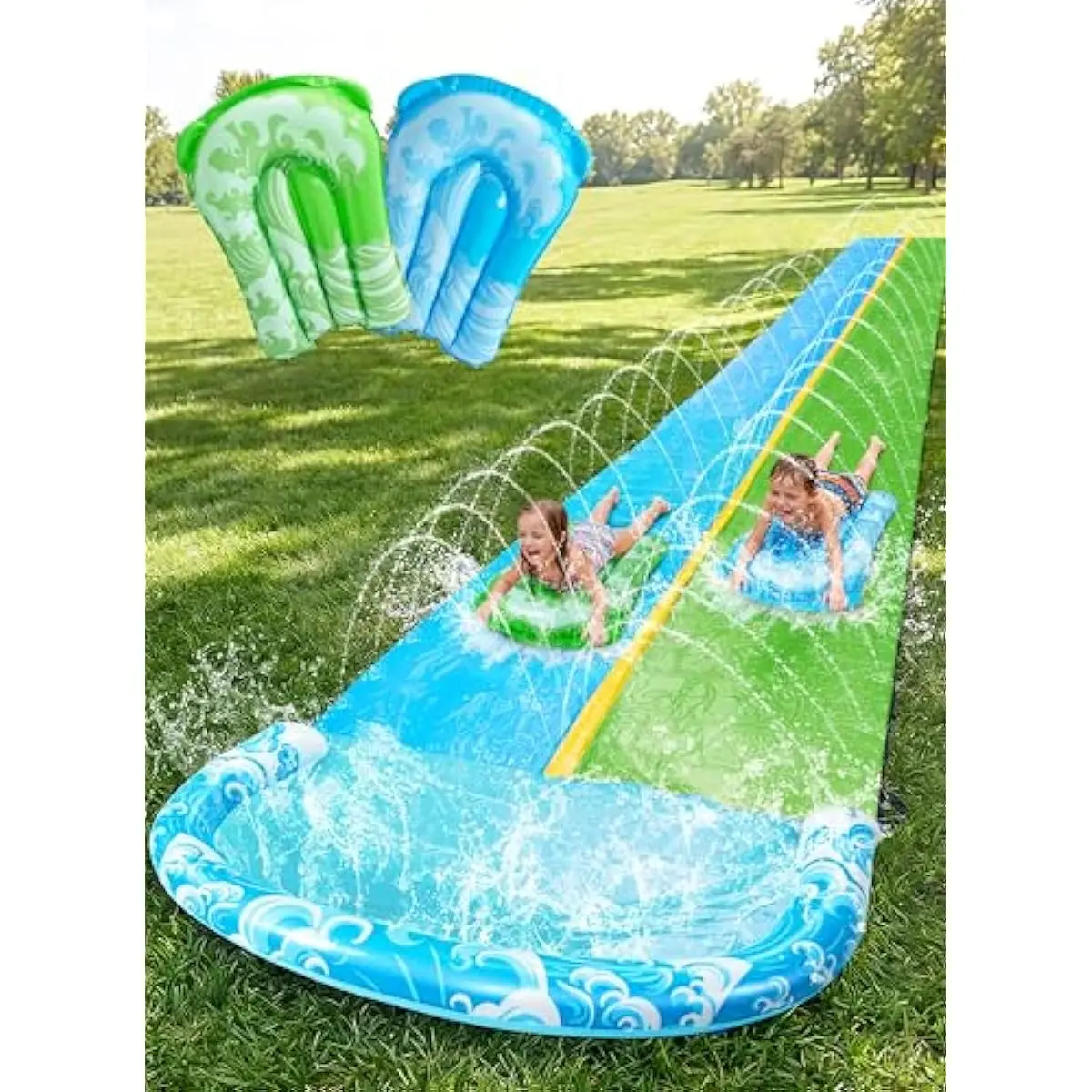 22.5FT Water Slide and 2 Inflatable Boards, Extra Long Heavy Duty Double Lawn Waterslide with Sprinkler for Kids Adults Backyard Summer Water Toy Outdoor Fun, Blue, Green