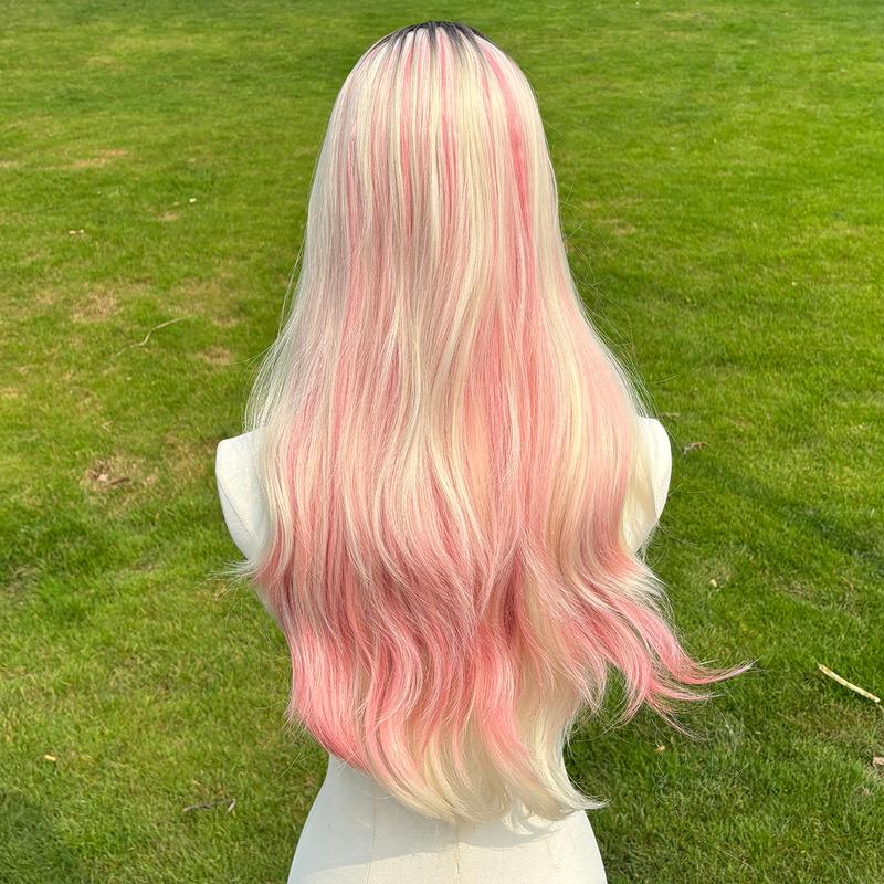 SMILCO 26" Wavy Black & Red Highlights Synthetic Wig Middle Part Glueless Natural-Looking Scalp Full Machine Cap Adjustable Straps Breathable Cap Vibrant Color Soft Texture SM398 SM5029