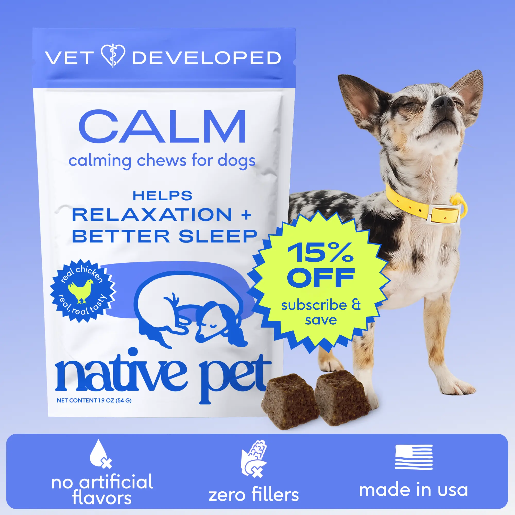 Native Pet Calming Chews for Dogs - Melatonin for Dogs Anxiety Relief - Grain Free All Natural Hemp Calming Treats & L-Theanine Helps Manage Stress & Separation Anxiety - Puppy Sleep Aid