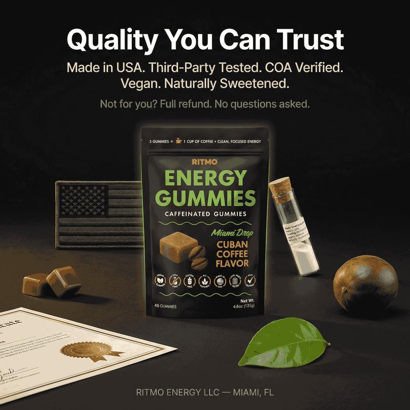 RITMO Cuban Coffee Energy Gummies 15 Servings – Caffeine + L-Theanine + Creatine, No Jitters No Crash
