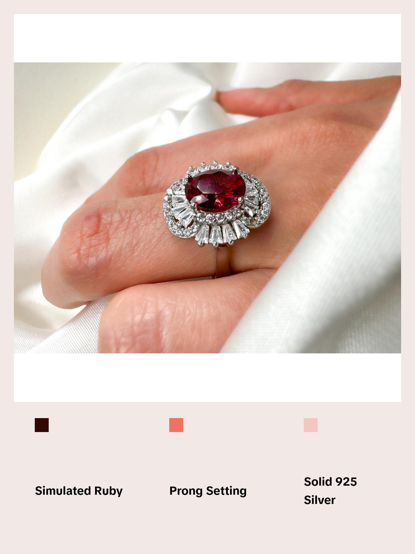 2Ct Oval Cut Ruby Statement Silver Ring, Size 7