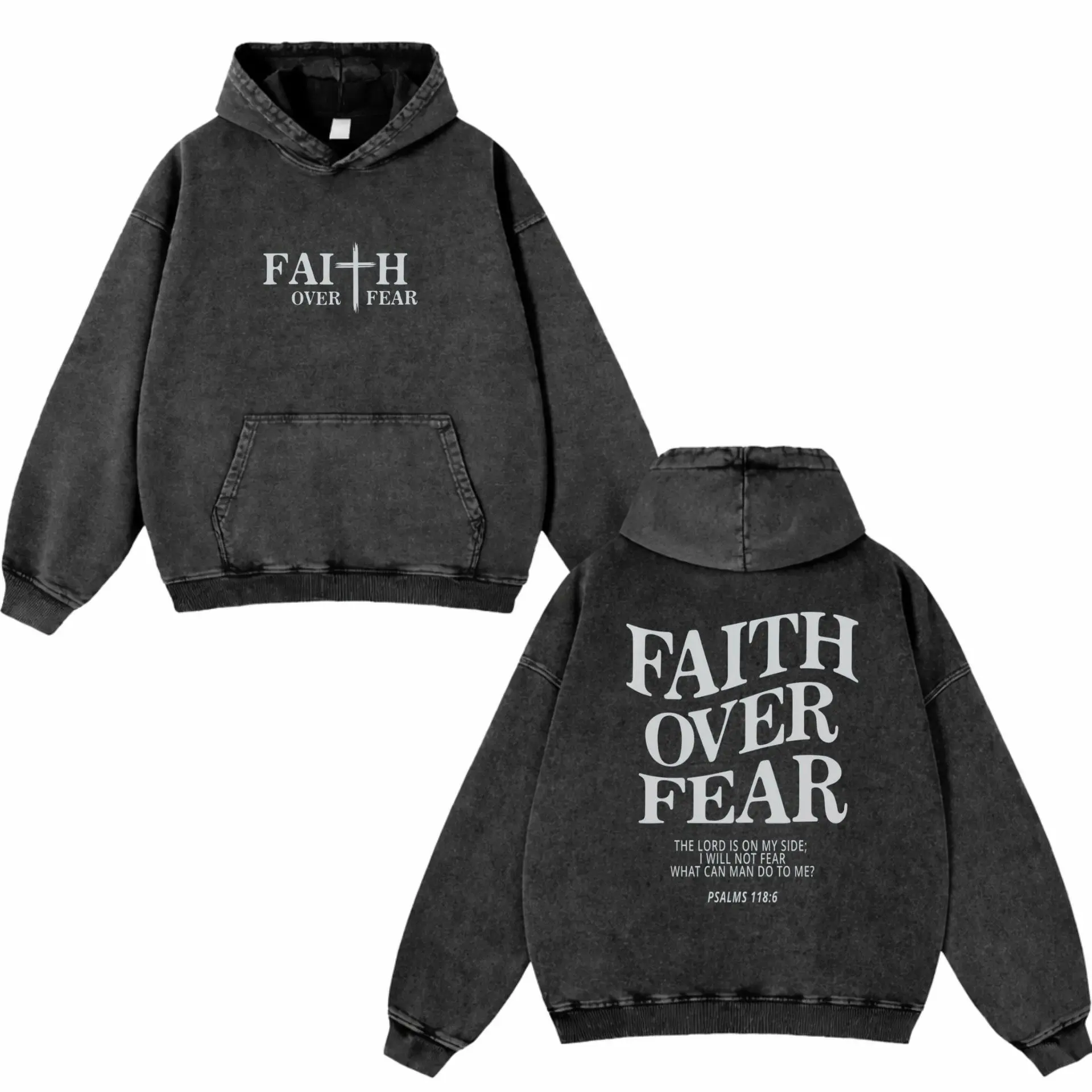 Two-sided Faith Over Fear Washed Hoodie, Christian Apparel, Oversized Menswear And Women Menswear Tops, Gym Pump Cover, Hip Hop Y2K Graphic Apparel, Gift for Fans