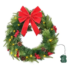 VEVOR Christmas Wreath,  24 Inches Pre-Lit Artificial Christmas Wreath with 50 LED Lights and Timer, Decorated with Pine Cones, Red Berry Clusters, Holly Leaves, Suitable for Fireplace Door Window