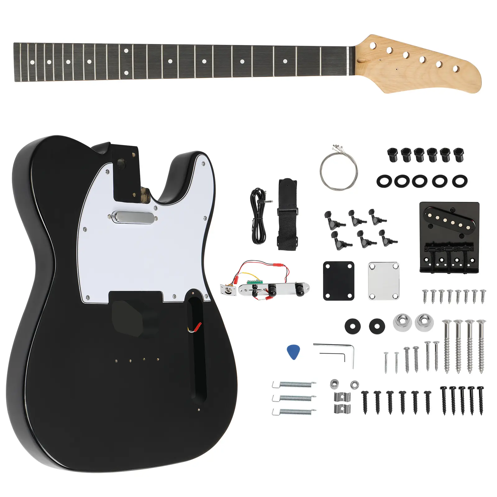 DIY Right Hand 6-String TL-Style Solid Mahogany Body Electric Guitar Kit - Maple Neck, Black Finish, 3-Way Switch, Guitar Pick, Copper Foil Paper, 1 Wrench, Amplifier Wire, 15.9x12.9x1.65in, No-Welding Easy Installation, DIY Projects Gift for Music Lovers