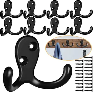 Coat Hooks Hardware, 10Pcs Wall Hooks Heavy Duty Hooks for Hanging Coats No Rust Double Robe Hook Wall Mounted for Key Towel Bags Cup Hat (Black) MsBong