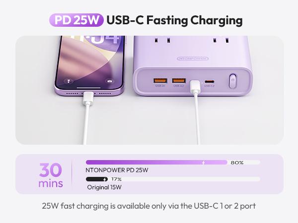 NTONPOWER Desk Power Strip with USB C, Purple Flat Plug 8-in-1 (4 AC + 4 USB), 25W Charging, 5ft Flat Extension Cord, Aesthetic Desk Setup, Study Desk & Dorm Room Essentials for Students
