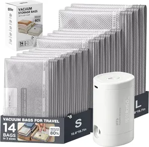 Cordless Vacuum Compression Storage Bags for Travel, 14 Pack with USB Rechargeable Electric Pump, Space Saver Bags for Carry-On Suitcase Clothes Bedding, Durable Waterproof Reusable