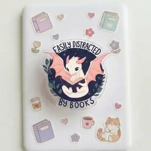Fantasy Dragon Reader Kindleholder – "Easily Distracted By Books" Cute Animal Grip, Pastel Winged Dragon, Magneticphonegrips for Bookworms, Fantasy Gift