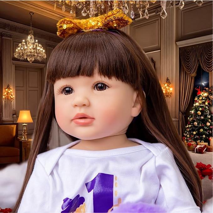 22" Realistic Newborn Baby Girl Doll with Long Black Hair Soft Vinyl Body Lifelike Features Expressive Details Includes Baby Bottle Birth Certificate Perfect Christmas Gift for Kids Ages 3-6