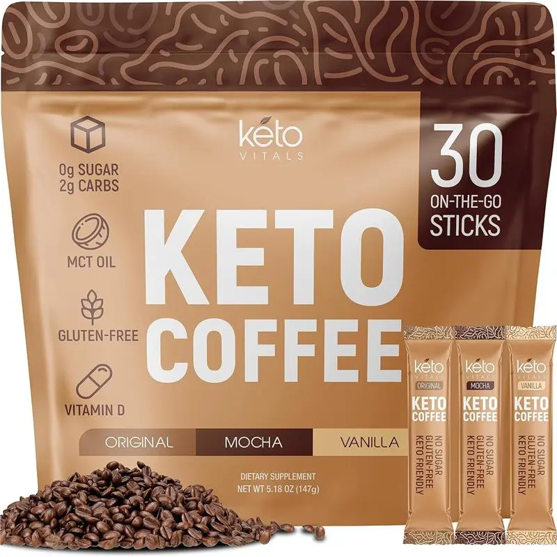 Keto Vitals Instant Keto Coffee Powder - Low-Calorie Sweetened Coffee Packets, Single Serve - Instant Mix in Original, Vanilla, & Mocha Flavors - 30 Count