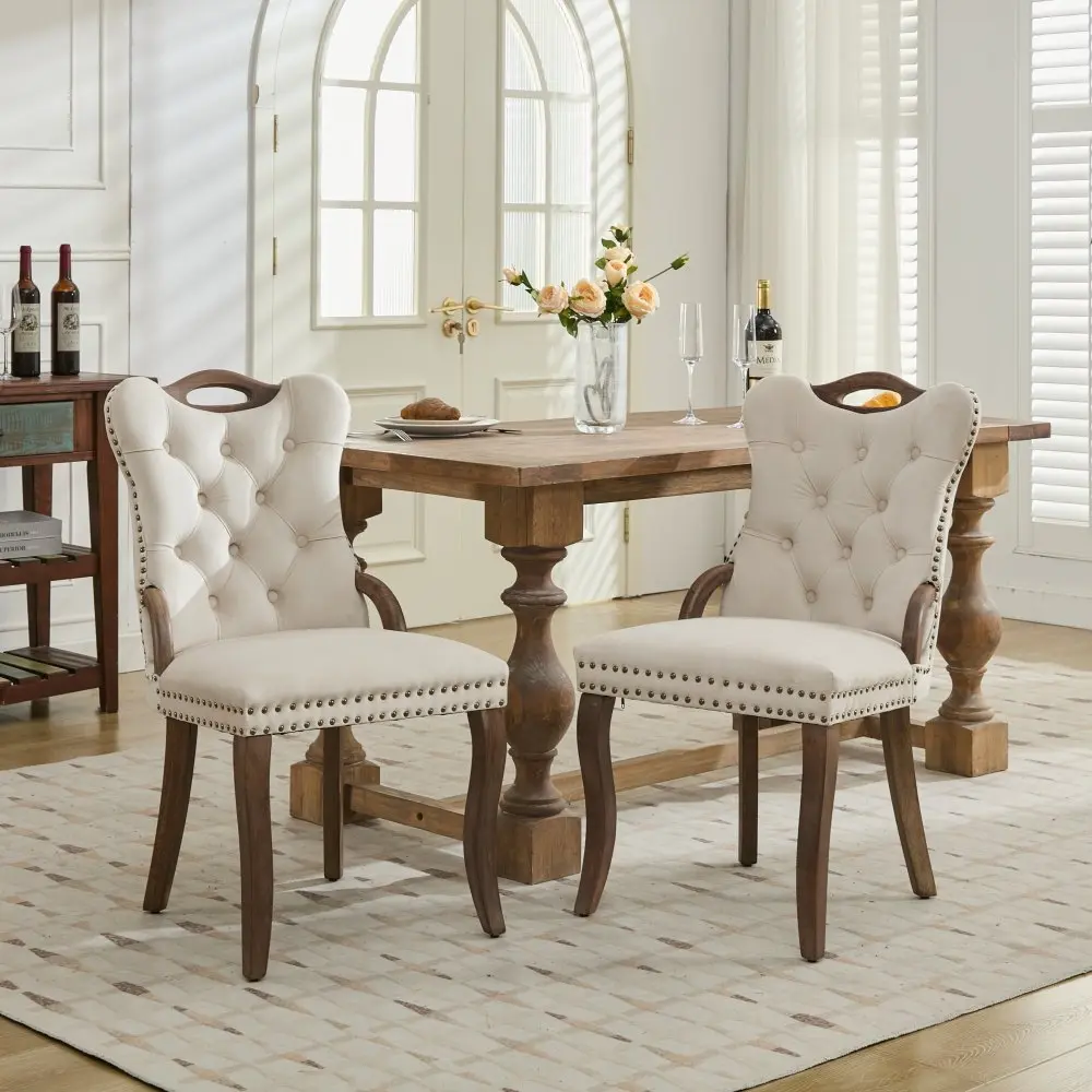 2-Piece Velvet Dining Chairs - Handmade Tufted Trim, Solid Wood Top & Side Handles, Vintage Copper Nail Decor, Curved Legs, Classic Elegant Design for Transitional Decor