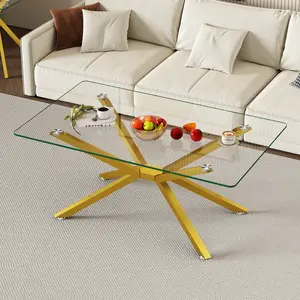 39.37" Clear rectangle glass coffee table,Rectangular Center Table,Modern Design with Gold Metal Legs for Living Room,Apartment Small Space