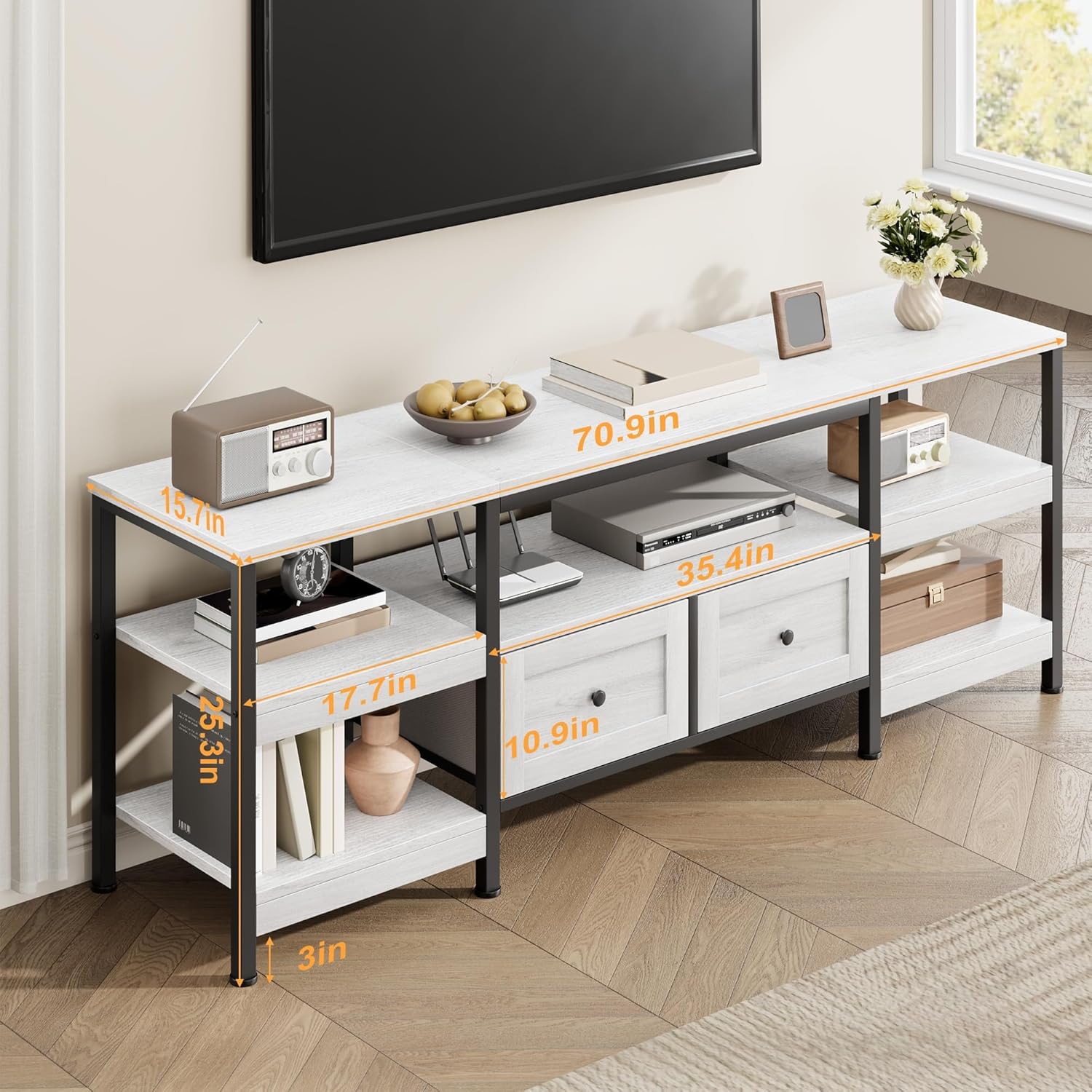 Industrial TV Stand with 2 Drawers, 63/71/79" Entertainment Center with Multi-Layer Storage Shelves, Media Console Fits TVs up to 65", Modern TV Cabinet for Living Room, Industrial TV Stand with 2 Drawers, 63/71/79" Entertainment Center with Multi-Layer Storage Shelves, Media Console Fits TVs up to 65", Modern TV Cabinet for Living Room,