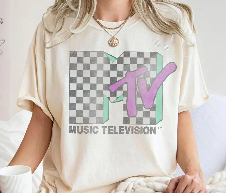 MTV Checkered Distressed Retro Logo Graphic T-shirt, Music Television MTV Logo Tee, MTV Logo T-shirt