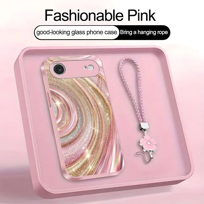 Luxury Rose Gold Swirl Phone Case with Flower Lanyard, Glitter Pink Art Aesthetic Cover for iPhone 17/Air — 975