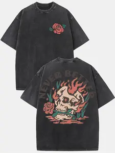 Men'S Never Better Turquoise Green Heavyweight 230gsm Vintage Washed T-Shirt - Distressed Streetwear Style with Double-Sided Flame Skull & Rose Gothic Print, Drop Shoulder Loose Fit, All-Season Casual Wear, Edgy Gothic Graphic Tee for Men