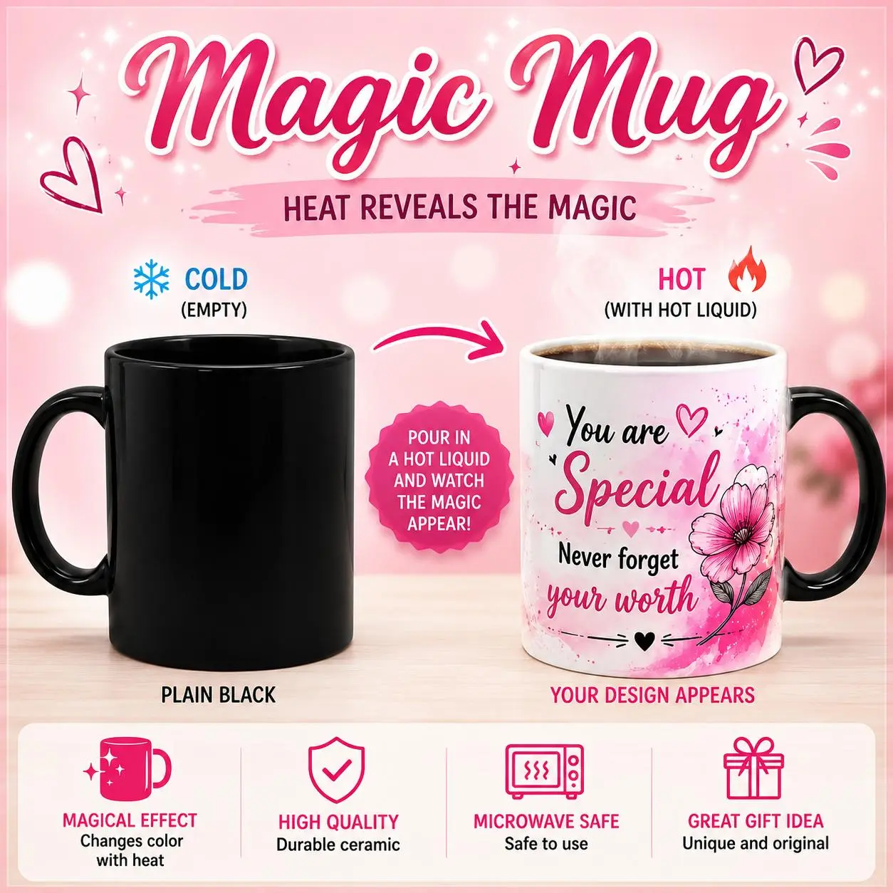 15oz Modern Cylindrical Magic Effect Ceramic Mug - Personalized, Custom Photo & Text Color Changing Coffee Cup, Ideal Gift Idea for Kitchenware Drinkware Enthusiasts