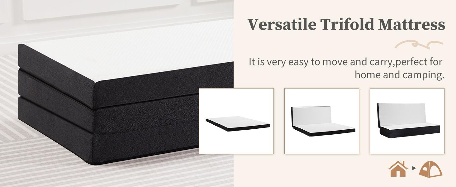 Folding Mattress, Tri-fold Memory Foam Mattress Topper for Camping, Foldable Mattress Topper with Washable Cover, Various Sizes, White