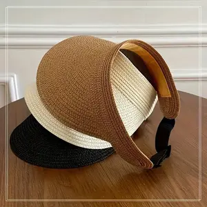 Outdoor Women's Summer Beach Sunshade Straw Hat Large Brim UV Protection Sun Hat Open-Top Raffia Headband Hats