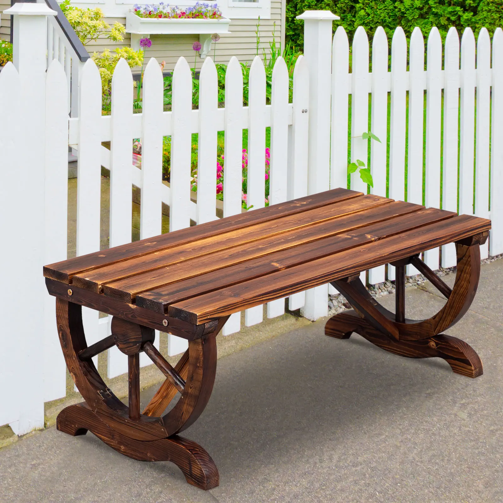 Armless Rectangular Solid Carbonized Wood 2-Person Garden Bench with Wagon Wheel Legs, Weather-Resistant Rustic Charm Outdoor Porch Seat, Requires Assembly for Patio, Backyard