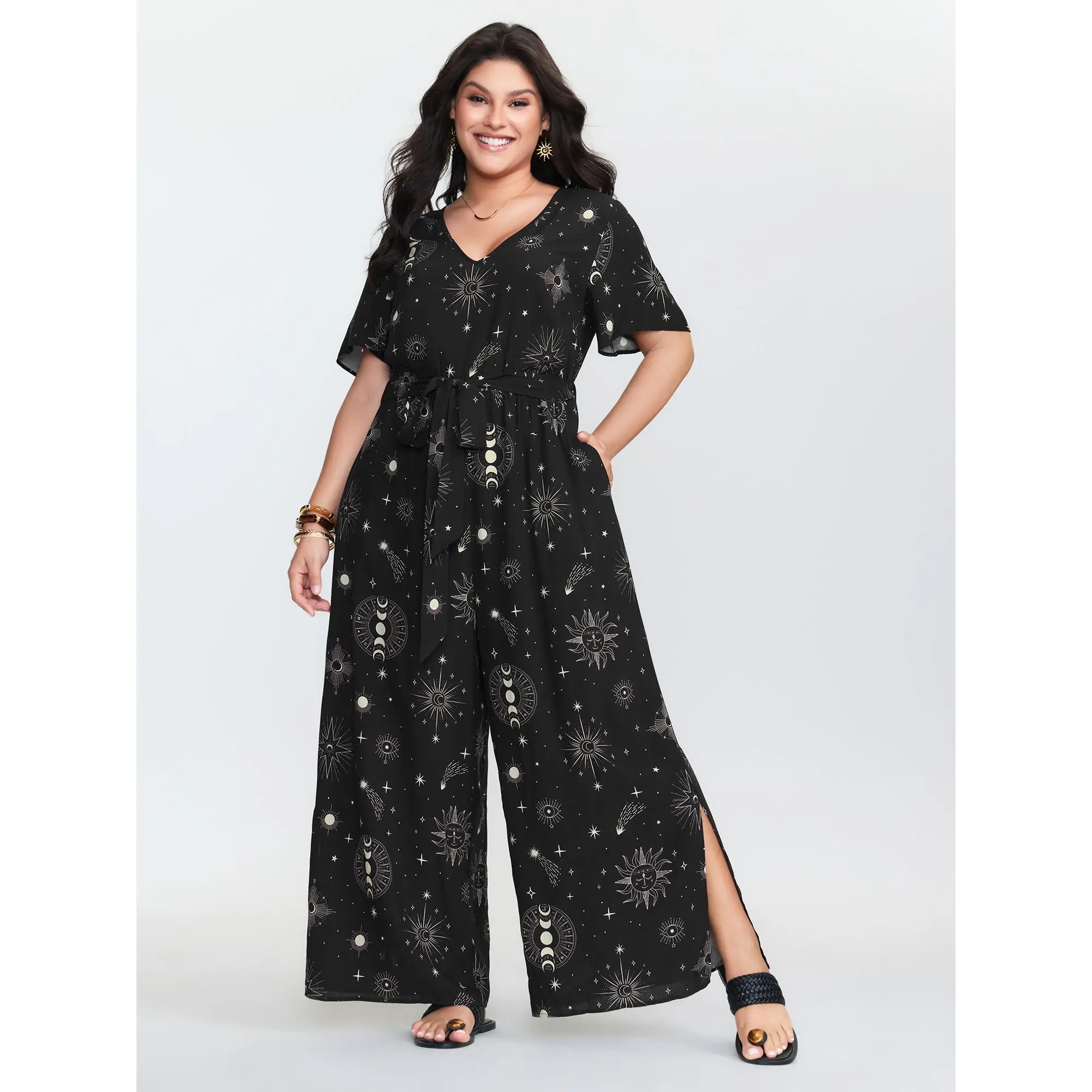 BLOOMCHIC Plus Size Women's Short Sleeve Jumpsuit [M-6X] - Soft Rayon Celestial Print Romper, Waist Tie Flattering One Piece Outfit with Pockets, Casual Summer Vacation Wear, Pockets, Low Iron Casual Summer Vacation Outfit,Summerfinds