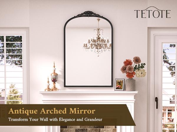 TETOTE Antique Gold Arched Mirror, Ornate Vintage Framed Mirror for Wall, Baroque Style, Decorative Mirror for Bathroom/Entryway/Mantel/Living Room, French Cleat Mounting