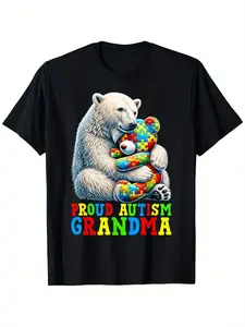 Proud Autism Grandma Bear Autism Awareness Autistic Boys Girls T-Shirt, Unisex Cotton Casual Round Neck Outdoor Short Sleeve T-Shirt with Slight Stretch, Men'S Summer Clothes, Slightly Elastic, 100%Cotton, S-XXXL