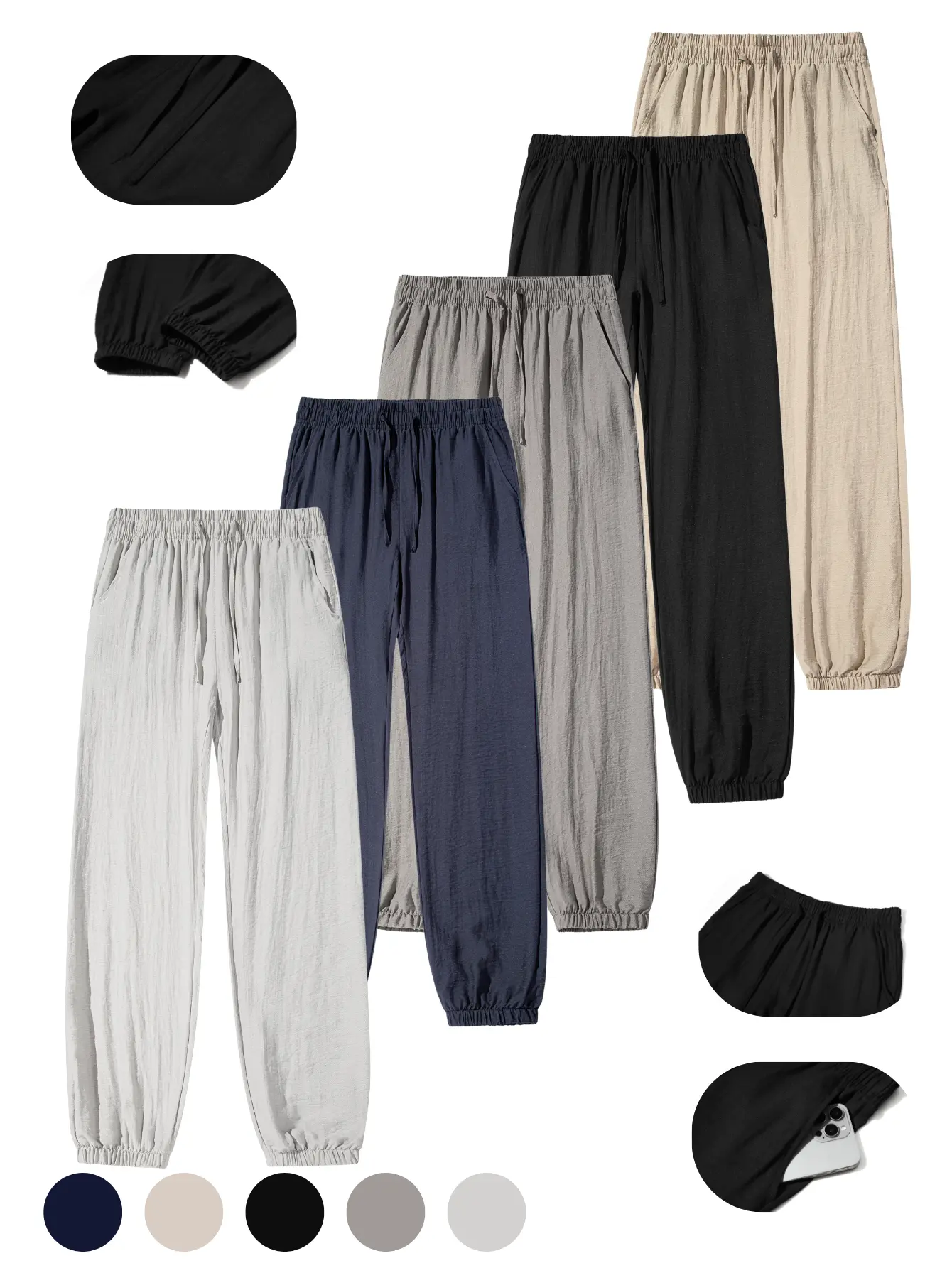Women’s mid-rise textured jogger casual pants featuring an elastic waistband with drawstring all around, fine smooth reinforced topstitching/seam lines, hidden large-capacity side pockets, a loose lantern silhouette paired with elastic cuffs at the legs,