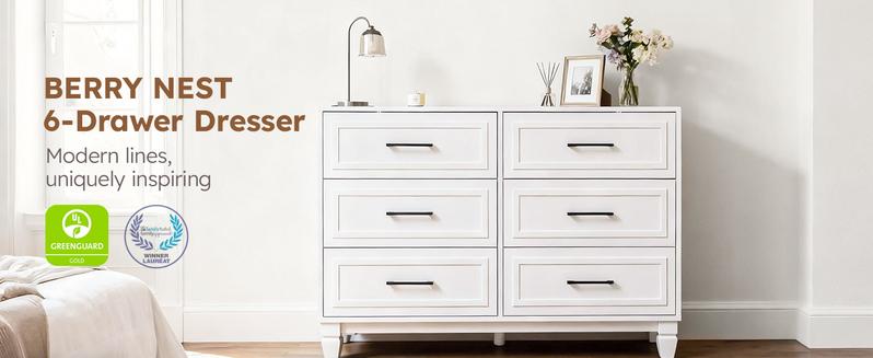 BERRY NEST Farmhouse Dresser for Bedroom, 47.2'' Wide Wood White Dresser with 6 Drawer, Modern Minimalist Chest of Drawers with Metal Handle, Closet Store Organizer for Living Room, Hallway