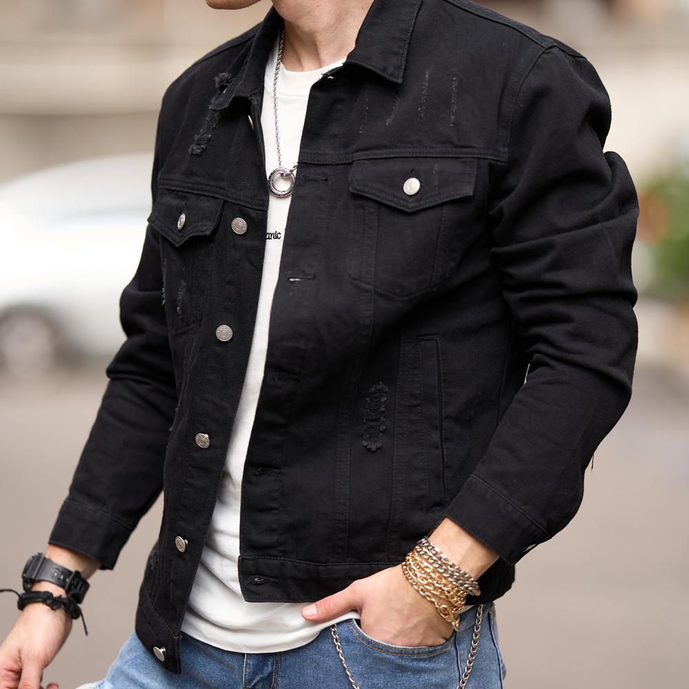 Men's Denim Jacket Streetwear Solid Slim Ripped Distressed Male Casual Coat Menswear Tops Long Sleeve Beige Plain Collared Collar Longsleeves