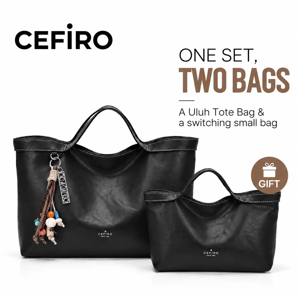 CEFIRO Uluh Tote Bag with Guard Soft Vegan Leather with small switching bag - Casual Top Handle Handbag for Everyday Use