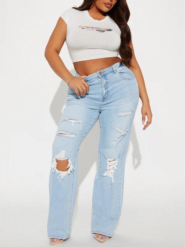 Posted Stretch Ripped Straight Leg Jeans - Light Wash