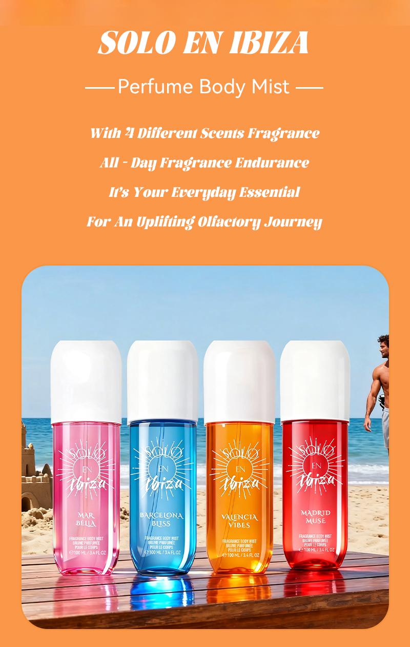 8-Piece Set, SOLO EN IBIZA Body & Hair Fragrance Mist And Body Cream Gift Box, Long Lasting Perfume, 4 Different Scents, Perfect For Holiday Gifts, Dating, Daily Life, Parties, 3.4 fl oz Perfume,1 oz Body Cream