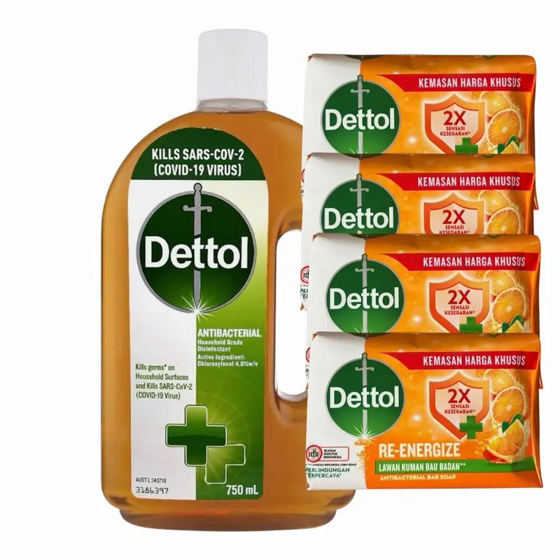 Dettol Original Antibacterial Disinfectant Liquid (750ml) & 4 Pine-Scented Re-energize Cleansing Soap Bars Set - Gentle Sensitive Skin Care, 24-Month Shelf Life for Intimate & General Hygiene