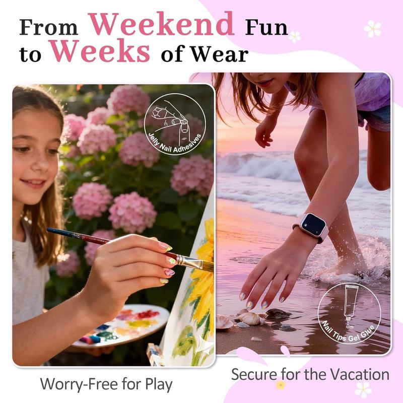 16 Sizes 128 Pieces Press on Nails for Kids, 4 pack Kids Nail Kit Colorful Flower Almond Fake Nail Tips for Girls 8-12 Years Old with Jelly Nail Adhesives & Nail Glue Birthday Easter Gifts