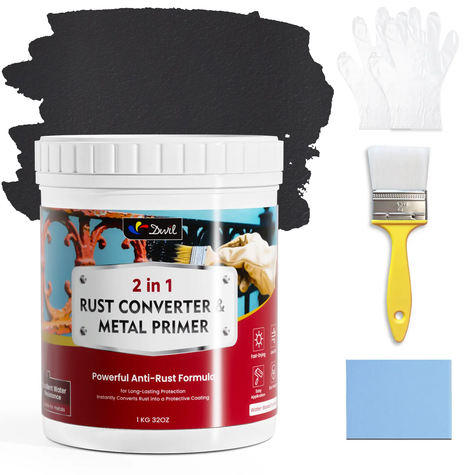 2-in-1 Rust Converter & Metal Primer, Water-Based Rust Inhibitor Paint, Durable Anti-Rust Coating for Indoor & Outdoor Metal, UV & Heat Resistant, Long Lasting Protection (32 Oz, Black）