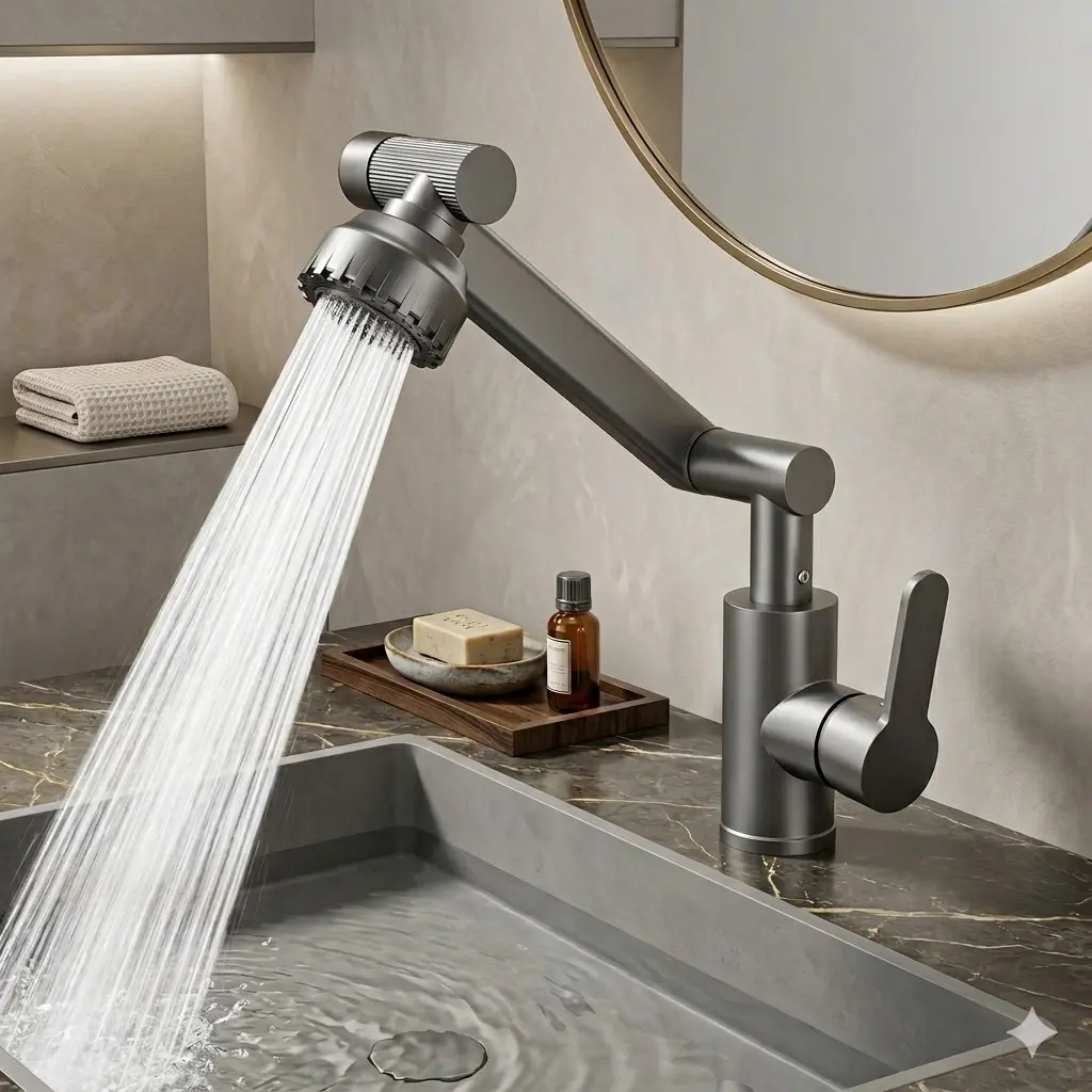 Adjustable Height Bathroom Faucet, 1080° Swivel Single Handle Sink Faucet, 2 Water Flow Modes with Dual Hoses, High Arc Rotating Vanity Faucet for Bathroom Vessel Sink