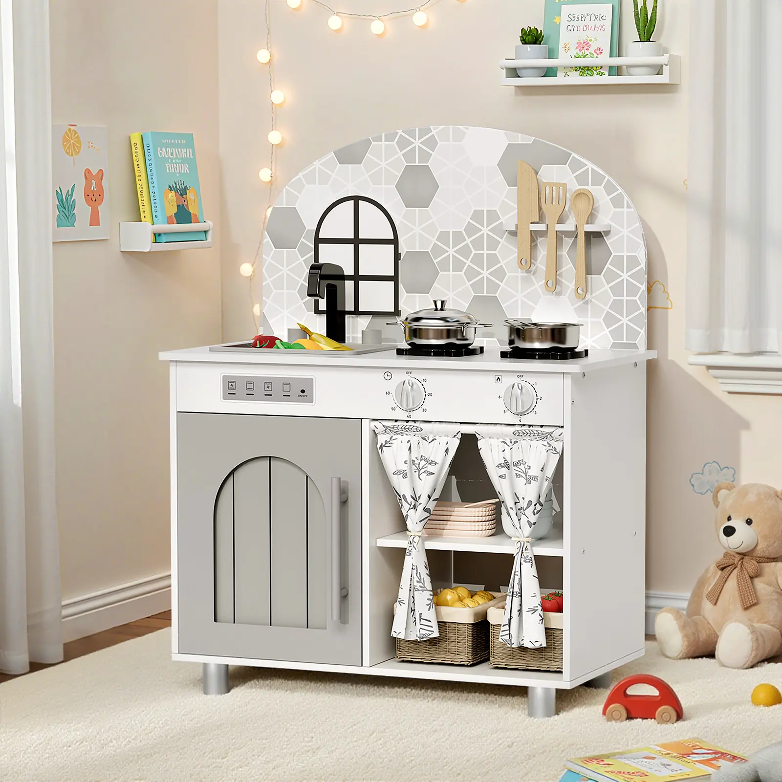 Arlopu Kids Pretend Play Kitchen Set, Wooden Kitchen Playset for Toddlers Ages 3+, Educational Chef Pretend Play Set, homeessentials