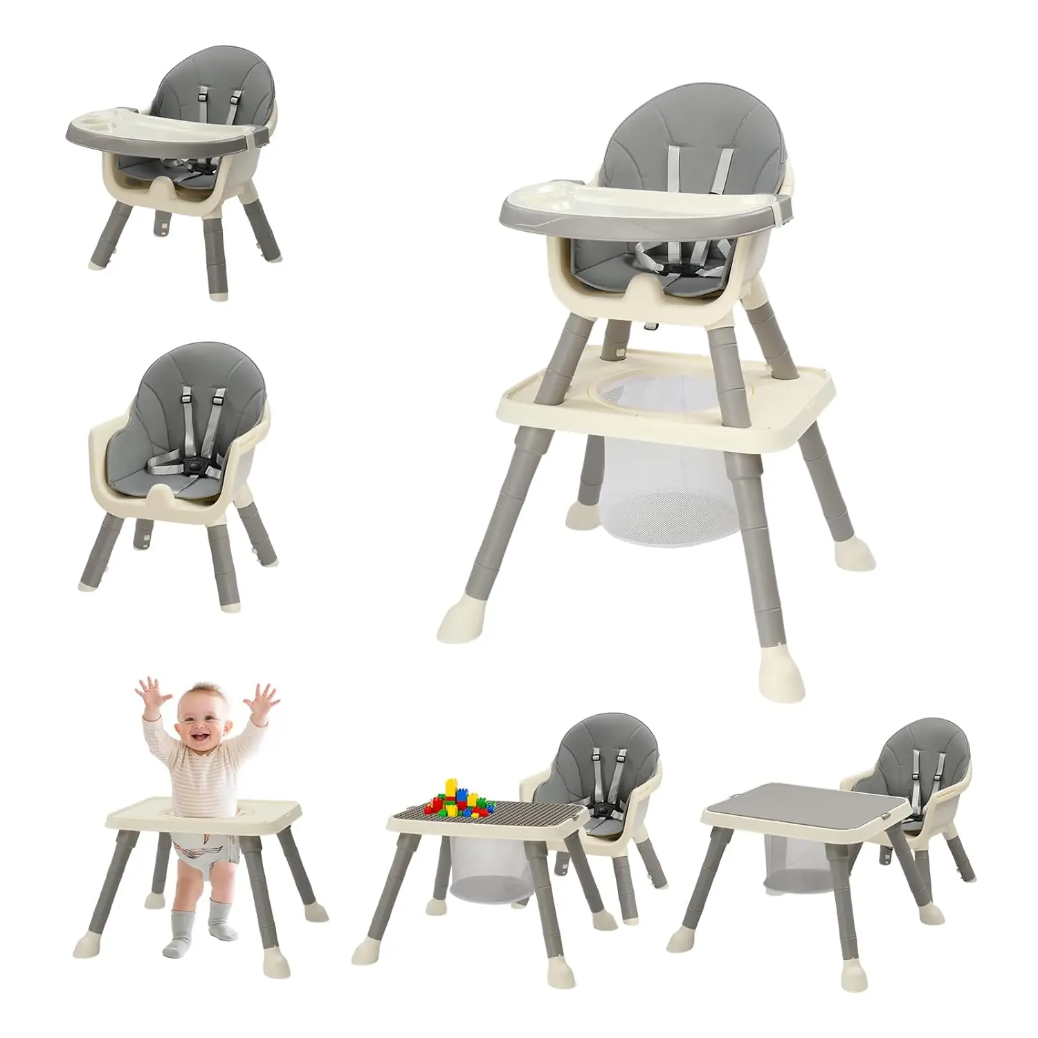 JOYMOR 7-in-1 Baby High Chair, Convertible HighChair for Babies and Toddlers, Kids Learning Table and Chair with Removable Tray and 5 Point Harness