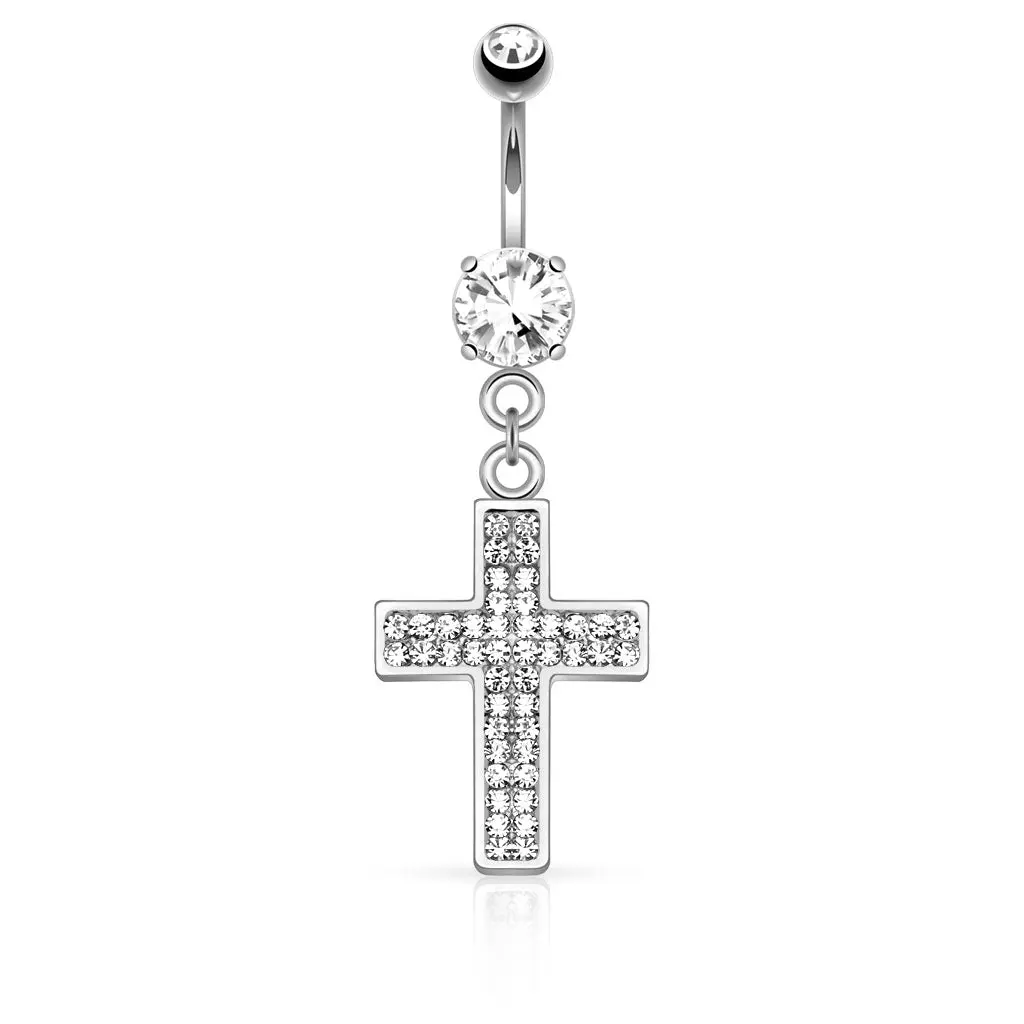 Crystal Paved Cross Dangling Belly Button Ring - Stainless Steel