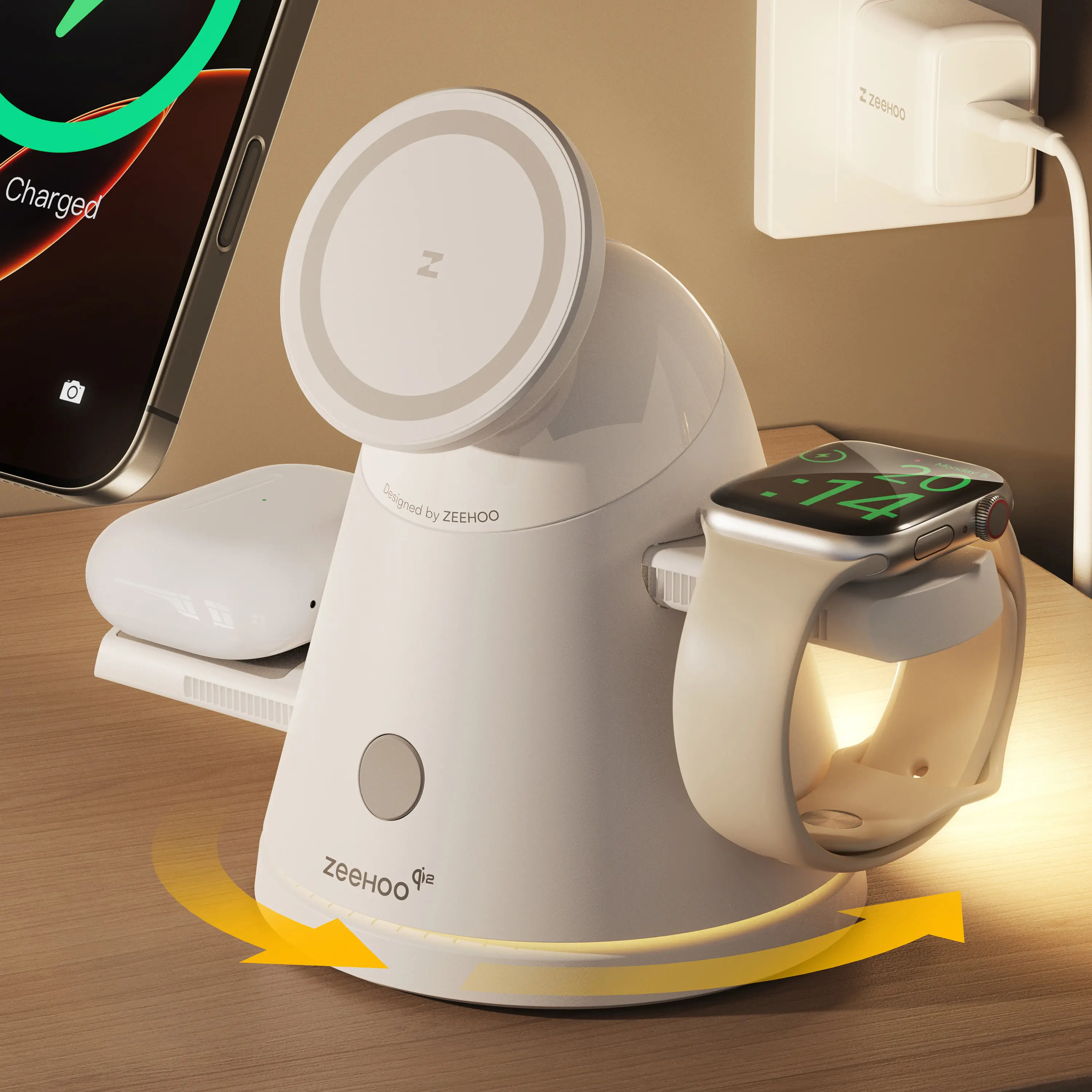 ZEEHOO LuminoCore 4in1 Wireless Charging Station with Dimmable Light,Qi2 15W Wireless Charger,Compatible With Apple iPhone&AirPods&Apple Watch,Samsung Galaxy Series＆Samsung Watch,Galaxy earbuds(30W Adapter Included) Christmas Gift for men/women