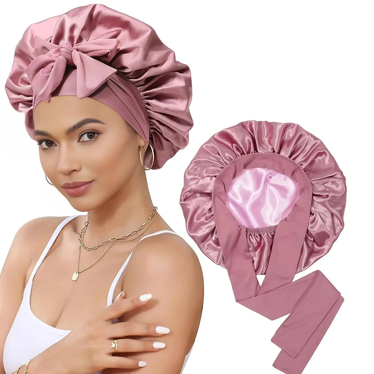 Double Layer Silk Bonnet for Haircare - Smooth, Soft Sleeping Cap with Elastic Tie Band for Curly Hair, Mother's Day Gift