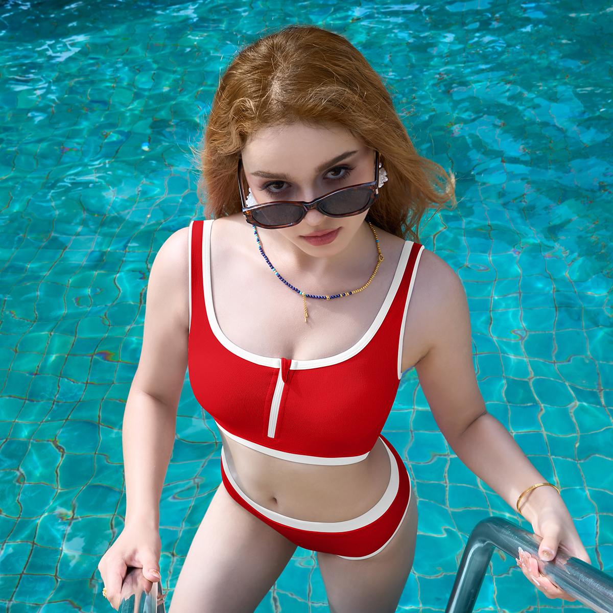 Aprilake Women's Ribbed Triangle Bikini Sets Sporty Tank Zipper Crop High Waist Color Block Two Piece Bathing Suit