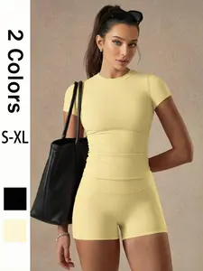 Hijesse Women's Two-piece Set, Solid Color Tee & High Waist Skinny Shorts  Tracksuit Set, Sporty Casual Breathable Set for Yoga Gym, Ladies Summer Sportswear, Activewear, Workout Running Clothes