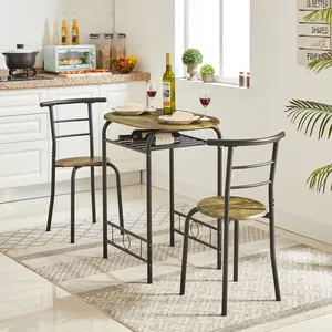 VECELO Large 3-Piece Wooden Round Table & Chair Set, Space Saving Kitchen Breakfast Nook Wood Grain Tabletop with Metal Frame and Built-in Wine Rack for Kitchen, Dining Room (Walnut)