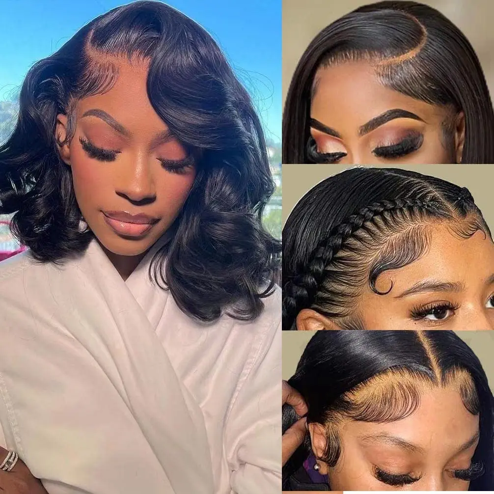 Wear and Go Glueless Wigs Human Hair Pre Plucked Pre Cut Short Bob Loose Body Wave Lace Front Wigs Human Hair for Women Upgraded Glueless Bob Wig No Glue 13x4 HD Lace Closure Wigs (14 Inch)